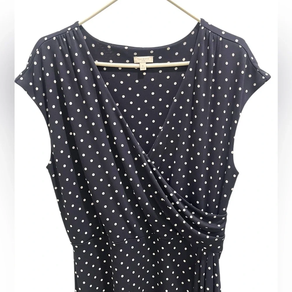 Talbots Polka Dots Ruched Midi Dress Navy Blue & White Woman’s Size XL - Picture 2 of 11